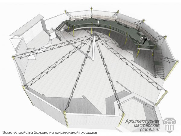 Эскиз устройства балкона на летней танцевальной площадке
